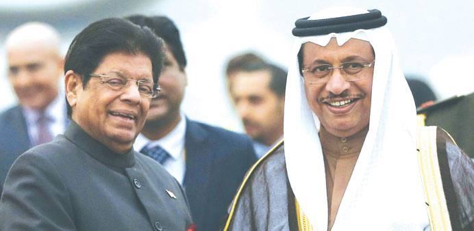 Kuwaitu2019s Prime Minister Sheikh Jaber al-Mubarak al-Hamad al-Sabah shakes hands with Minister of State for External Affairs E Ahamed upon his arrival a