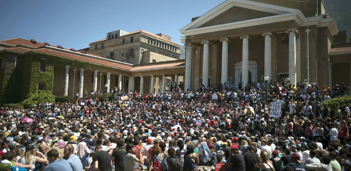 Thousands of students converge at the University of Cape Town yesterday for a meeting about ongoing protests against fee hikes.