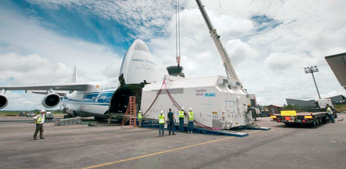 Qataru2019s Esu2019hail 1 satellite being unloaded in Kourou, French Guiana.