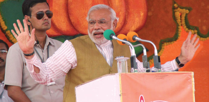 BJPu2019s prime ministerial candidate Narendra Modi addresses an election rally in Bilaspur, Chattisgarh yesterday.