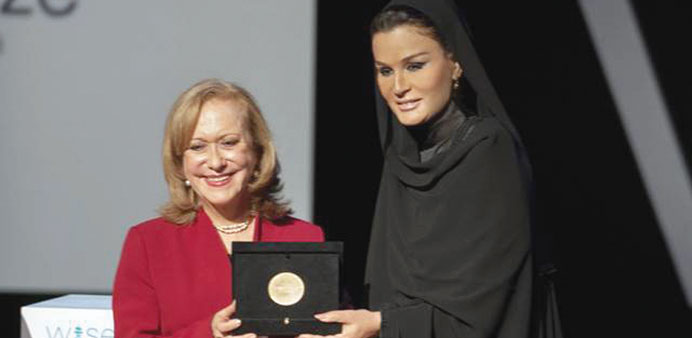 HH Sheikha Moza bint Nasser presenting the WISE Prize for Education 2013 to Vicky Colbert de Arboleda yesterday.