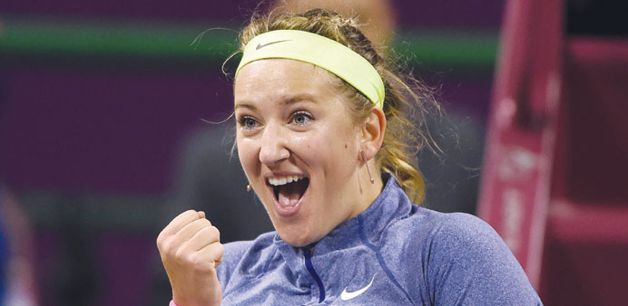 Victoria Azarenka of Belarus celebrates her win over Venus Williams in the Qatar Total Open semi-finals yesterday. PICTURES: Noushad Thekkayil