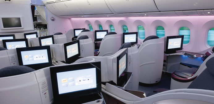 An interior view of Qatar Airways Boeing 787 Dreamliner.
