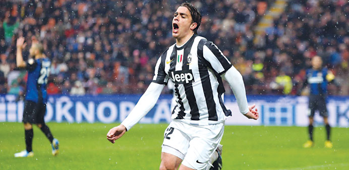 Juventus forward Alessandro Matri celebrates scoring a goal against Inter Milan during their Serie A match in Milan on Saturday. (EPA)
