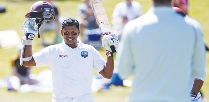 Shivnarine Chanderpaul of the West Indies celebrates his century during Day 2 of the third Test against New Zealand at the Seddon Park in Hamilton yes