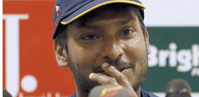  Kumar Sangakkara reacts during a press conference in Colombo yesterday.