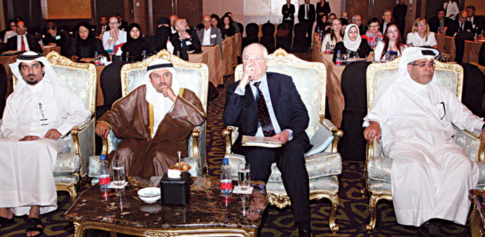 HE Dr Abdullah Saleh Mubarak al-Khulaifi, Minister of Labour and Social Affairs with Ambassador Jean-Christophe Peaucelle at the seminar yesterday.