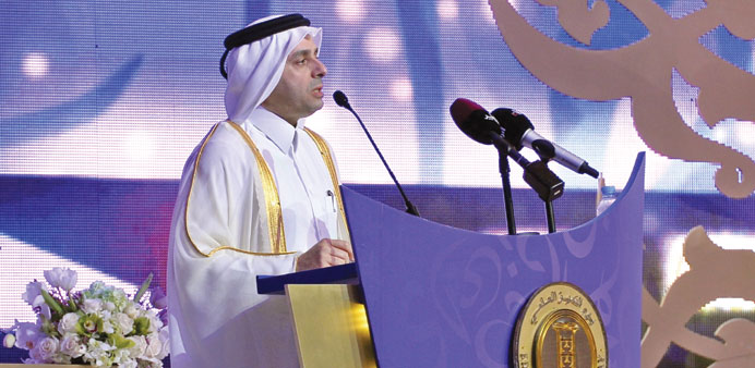 HE The Minister of Education and Higher Education Mohamed Abdul Wahed Ali al-Hammadi addressing the awards ceremony yesterday. 