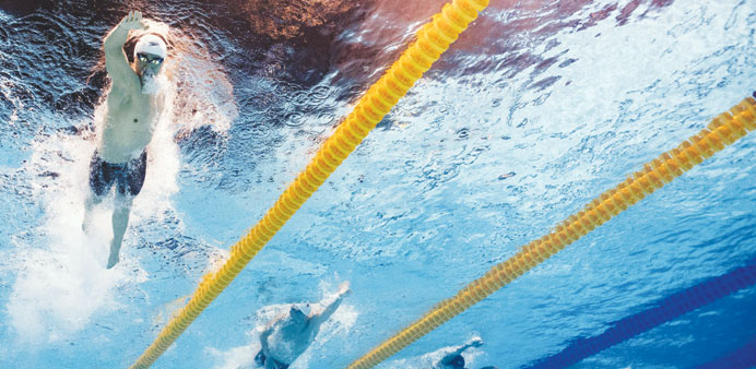 Sun Yang of China (left) leads the field in the menu2019s 400m freestyle final at the 15th FINA Swimming World Championships in Barcelona yesterday. (EPA)