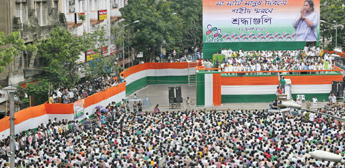 Thousands of Trinamool Congress party members and supporters gather at a mass rally in Kolkata yesterday.