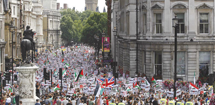 Demonstrators march up Whitehall as they protest against Israelu2019s military action in Gaza.