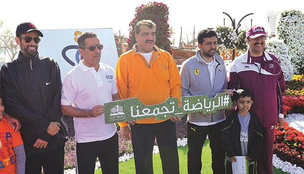 HE the Minister of Municipality and Environment Mohamed bin Abdullah al-Rumaihi, CCQ president Dr Ibrahim Saleh al-Naimi, QU president Dr Hassan Rashid al-Derham and other dignitaries at an event organised by QU yesterday.