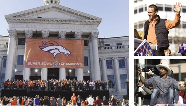 Denver Broncos players celebrate during the Super Bowl 50 championship parade at Civic Center Park in Denver on Tuesday. Top, right: Denver Broncos quarterback Peyton Manning waves to the crowd. Bottom right: Linebacker Von Miller (58) holds the Vince Lombardi Trophy.