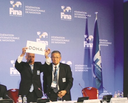 FINA officials declaring Doha as the hosts of the 2023 World Championships in Budapest yesterday.
