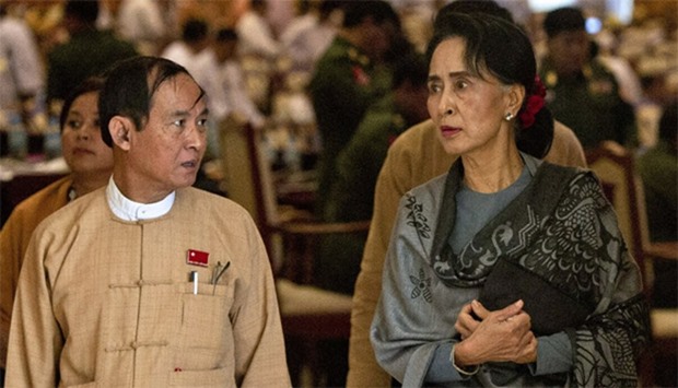 Win Myint (L), speaker of the lower house, and chairperson of the National League for Democracy (NLD