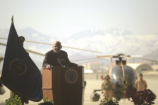 Afghan President Ashraf Ghani addresses an Afghanistan Air Force readiness performance programme at a military airfield in Kabul yesterday.