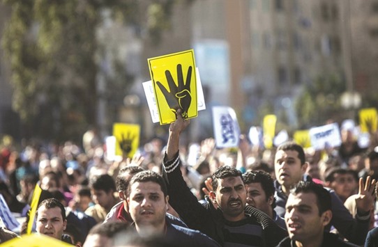 A January 24, 2014, file photo of Muslim Brotherhood supporters at a demonstration in Cairo.