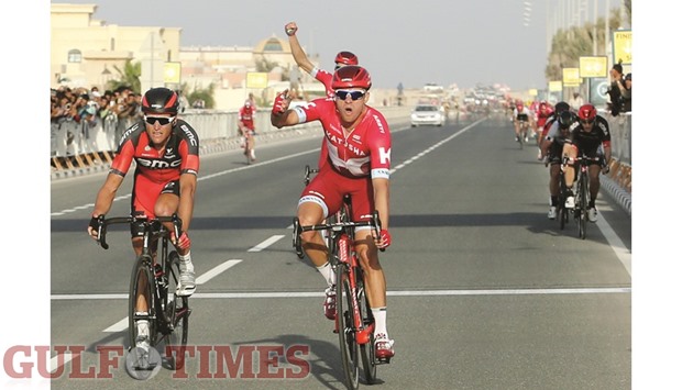 Team Katushau2019s Alexander Kristoff celebrates as he crosses the finish line to win the fourth stage of Tour of Qatar yesterday. PICTURES: Jayaram