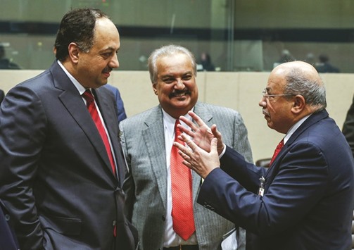 HE the Minister of State for Defence Affairs, Dr Khalid bin Mohamed al-Attiyah (left), talks with Kuwaitu2019s Defence Minister Khaled Jarrah al-Sabah during the first ever gathering of defence ministers of the Global Coalition Against ISIL/Daesh at Nato headquarters in Brussels yesterday.