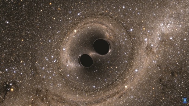 The collision of two black holes - a tremendously powerful event detected for the first time ever by the Laser Interferometer Gravitational-wave Observatory, or LIGO - is seen in this still image from a computer simulation released in Washington.