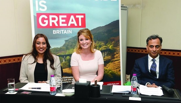 VisitBritain officials (from left) Sumathi Ramanathan and Christina Bruns, and UK ambassador Ajay Sharma led the opening of the u201cGreat Britain Great Moments Campaignu201d in Doha on Monday. PICTURE: Thajudeen