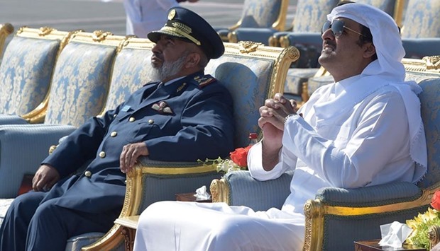 HH the Emir watches the air show in Doha on Friday