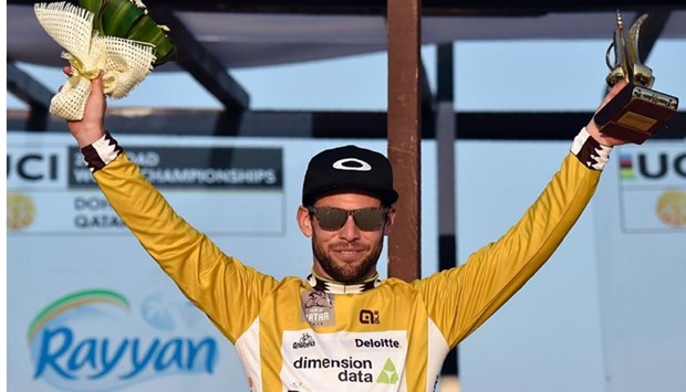 Britain's Mark Cavendish celebrates his overall gold jersey on the podium of the 5th and last stage of the 15th Tour of Qatar in Doha on Friday.