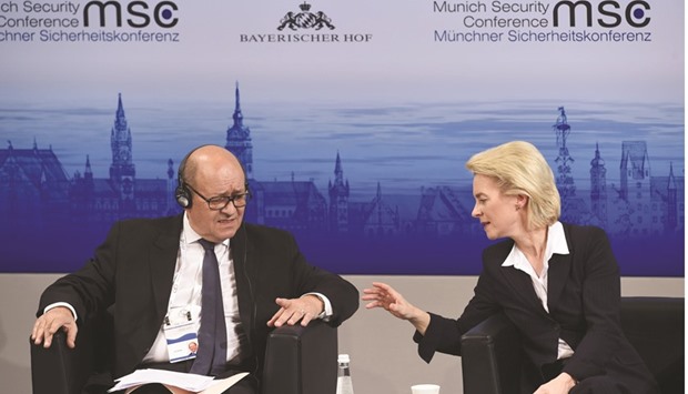 German Defence Minister Ursula von der Leyen talking with her French counterpart Jean-Yves Le Drian during the 52nd Munich Security Conference  in Munich yesterday. The Munich Security Conference takes place until tomorrow.