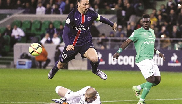 Zlatan Ibrahimovic (centre) brace saw Paris Saint Germain stretch their lead atop Ligue 1 to a massive 24 points on Sunday in a 2-0 away win over a spirited Saint Etienne.  (Reuters)