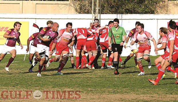 Doha 1st XVu2019s Caine Elisara takes off with the ball during the West Asia Championship match against Bahrain RFC at Doha RFC here yesterday. PICTURE: Jayan Orma