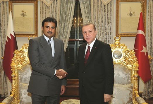 HH the Emir Sheikh Tamim bin Hamad al-Thani with Turkish President  Recep Tayyip Erdogan in Istanbul yesterday.