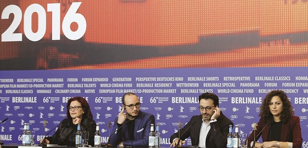 Cast members Rym Ben Messaoud, Sabah Bouzouita (left) Majd Mastoura (second left) and director Mohamed Ben Attia attend a news conference to promote the movie Hedi at the 66th Berlinale International Film Festival.