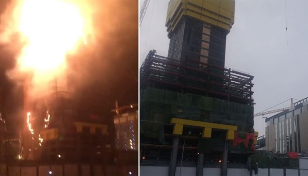 The image grab from a video of the Abu Dhabi Plaza tower fire (L). The tower under construction (R).