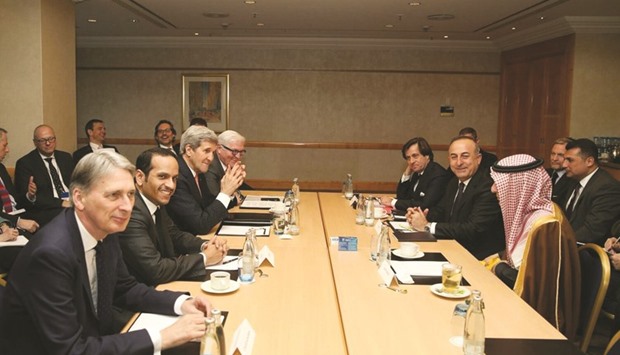 HE the Foreign Minister Sheikh Mohamed bin Abdulrahman al-Thani during the seven-party meeting on Thursday.