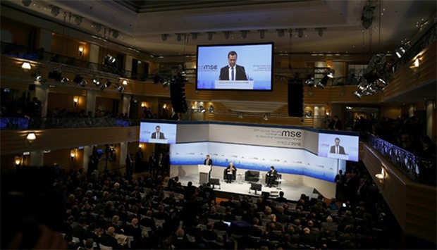 Russian Prime Minister Dmitry Medvedev delivers a speech at the Munich Security Conference in Munich
