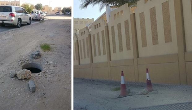 (Left) The uncovered manhole in the Matar Qadeem area, a picture of which was posted on Twitter by a resident. (right) Picture posted by Ashghal after safety cones placed around the manhole.