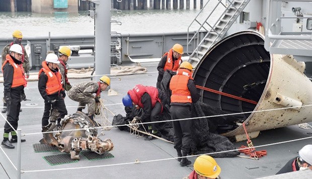Objects believed to be debris from a North Korean rocket are displayed on a South Korean navy ship at the Second Fleet Command of Navy in Pyeongtaek, south of Seoul. Three pieces of what seems to have been the rocketu2019s combustion gas jet nozzle were recovered from waters some 105km  off Ochung Island in the Yellow Sea, according to the South Korean navy. The Pax Americana that used to ensure a large degree of global stability has begun to fray u2013 most notably in the Middle East and on the Korean peninsula.     