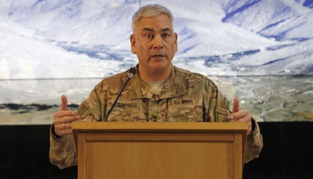 Commander of international and US forces in Afghanistan, US Army General John Campbell, speaks during a news conference at the Resolute Support headquarters in Kabul yesterday.