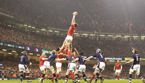 Alun Wyn Jones of Wales wins a lineout during the RBS Six Nations Championship 2016 match against Scotland at the Principality Stadium in Cardiff, Wales yesterday.