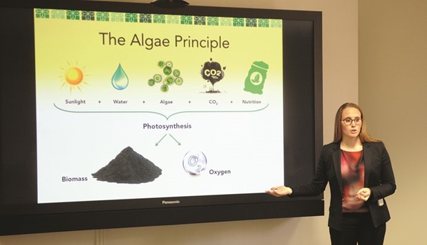 Research associate Kira Schipper giving an update on the algae research project of Qatar Universityu2019s Centre for Sustainable Development, College of Arts and Sciences.