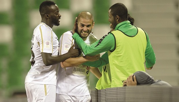 Wakrah striker Sebastian Saez (C) celebrates after scoring against Sailiya yesterday. PICTURES: Noushad Thekkayil