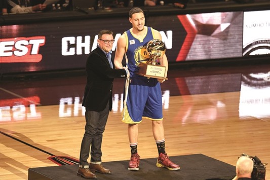 Golden State Warriors player Klay Thompson celebrates after winning the three-point contest during the All-Stars Saturday Night at Air Canada Centre in Toronto. PICTURE: USA TODAY Sports