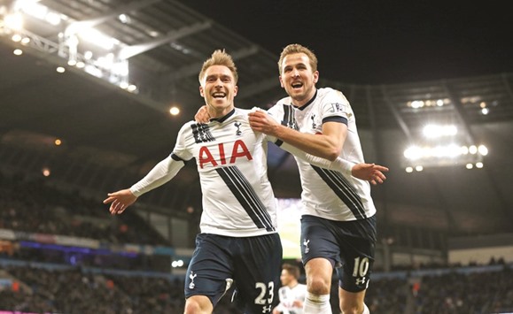 Christian Eriksen (L) celebrates with Harry Kane after scoring the second goal for Tottenham during their EPL match against Manchester City yesterday.