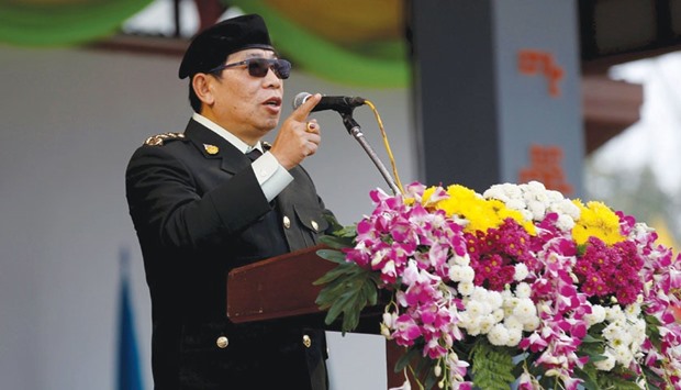 Lt. Gen. Yawd Serk, chairman of the Restoration Council of Shan State gives a speech during a military parade celebrating the 69th Shan State National Day at Loi Tai Leng.