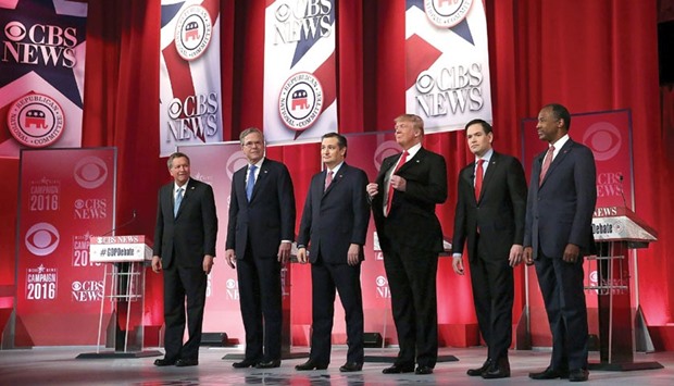 Republican presidential candidates Ohio Governor John Kasich, Jeb Bush, Ted Cruz, Donald Trump, Marco Rubio and Ben Carson on stage at the Peace Center in Greenville, South Carolina. Residents of South Carolina will vote for the Republican candidate at the primary on February 20.