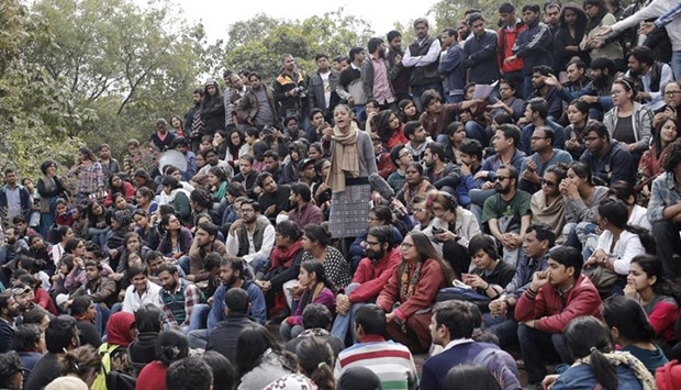 Students of Jawaharlal Nehru University (JNU) attend a protest inside the university campus in New Delhi on Monday.
