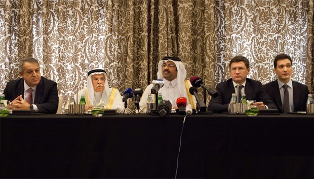 HE the Minister of Energy and Industry Dr Mohamed bin Saleh al-Sada ( C),Saudi Arabia's minister of Oil and Mineral Resources Ali al-Naimi (C-L), Venezuela's minister of petroleum and mining Eulogio Del Pino (L), and Russia's Energy Minister Alexander Novak (C-R) attend a press conference in Doha. AFP
