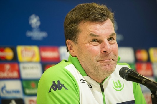 Wolfsburgu2019s head coach Dieter Hecking reacts during a press conference on the eve of Wolfsburgu2019s last 16, first-leg UEFA Champions League match against Ghent.