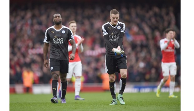 Leicesteru2019s Jamie Vardy and Wes Morgan look dejected after the game against Arsenal. (Reuetrs)