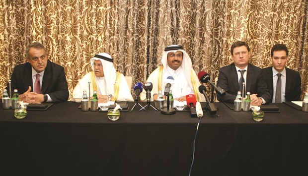 HE the Minister of Energy and Industry and Opec president Dr Mohamed bin Saleh al-Sada (centre) with Russiau2019s Energy Minister Alexander Novak, Saudi Arabiau2019s Oil Minister Ali al-Naimi and Venezuelau2019s Oil Minister Eulogio Del Pino during a joint news conference following their meeting in Doha yesterday.